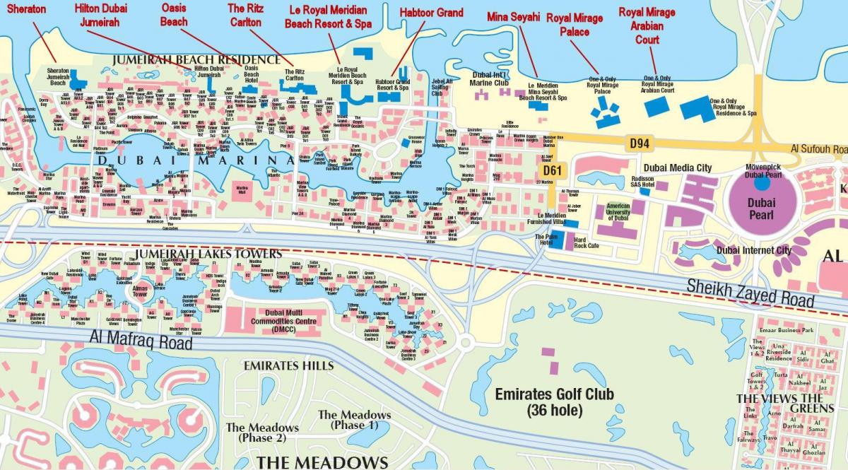 Dubai marina mapa con la construcción de los nombres de
